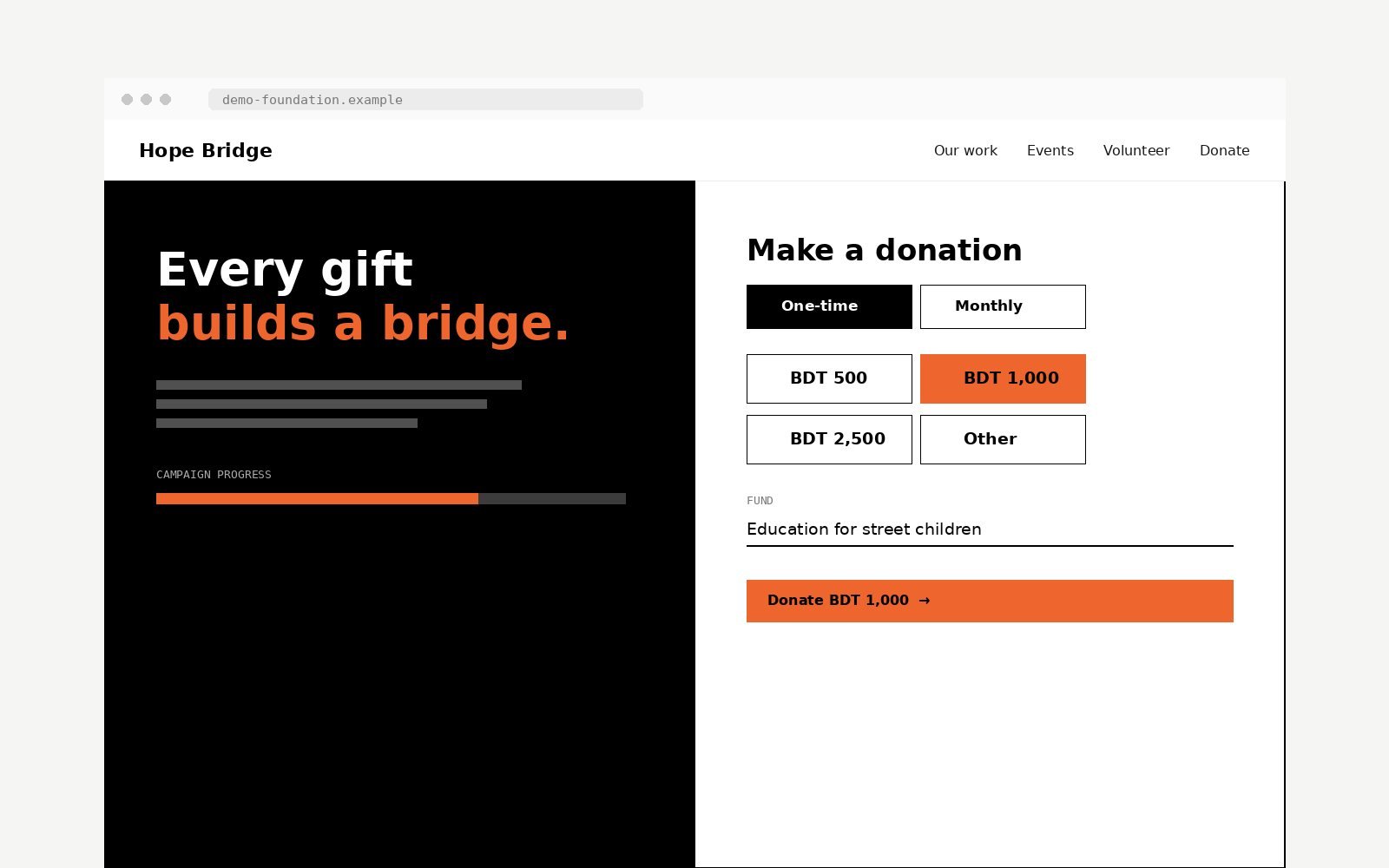Donation & Events Website — demo screenshot